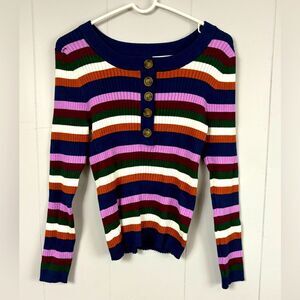 Arizona Jean Company Navy, Pink, Green & Orange Striped Ribbed Button-Front Top